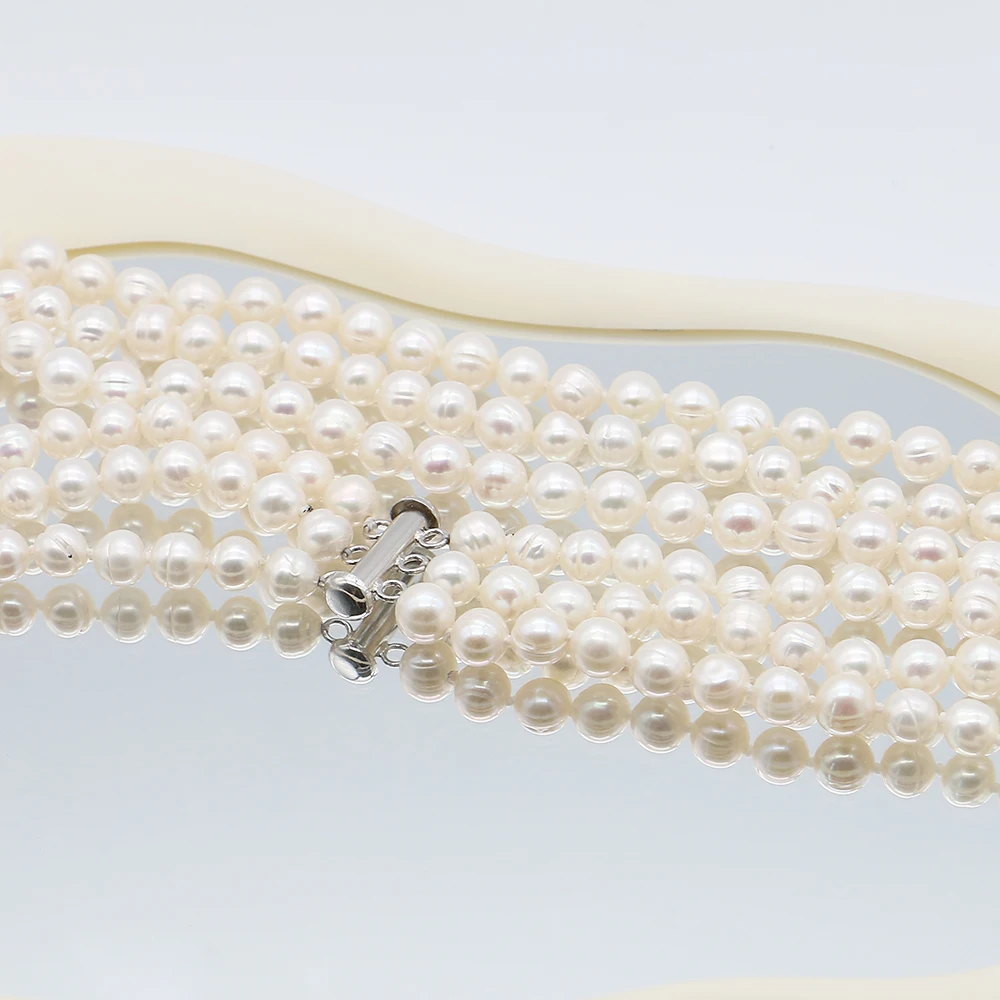 Natural Freshwater Pearl Threaded Round Bead Necklace with Three-Row Clasp Design 7-8mm Fashionable Women's Neck Jewelry Gift