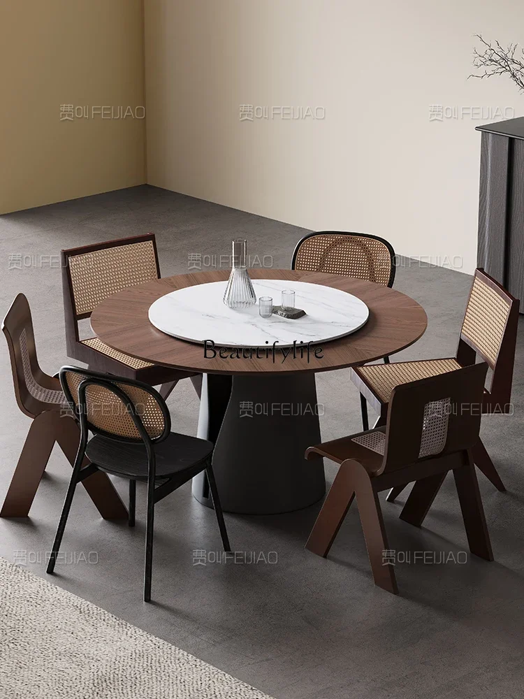 

yj5 Nordic solid wood round dining table household glass turntable dining table modern simple black walnut