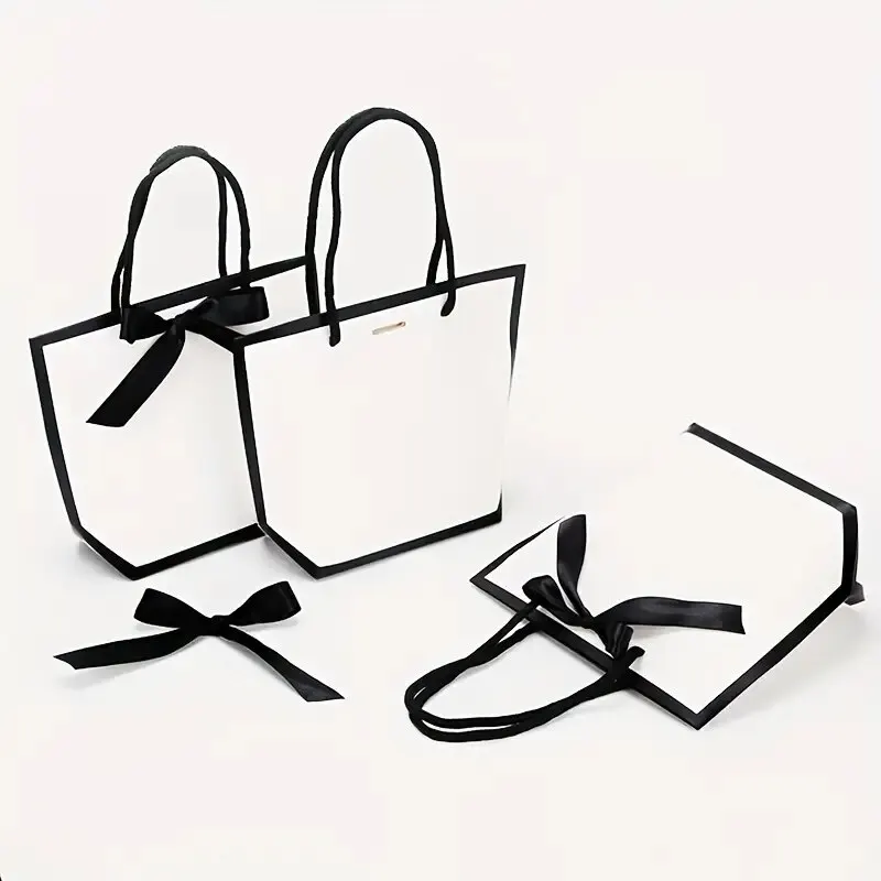 5pcs Ribbon Bow White Pardboard Paper Tote Gift Bags with Handles Shopping Party Wedding Party Birthday Retail Bags