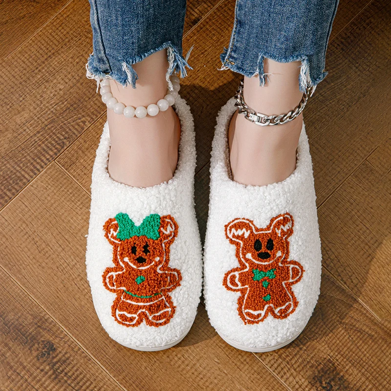 SHAJI Unisex Lebkuchen-Weihnachts-Plüschpantoffeln Warm Gemütlich Leicht Geräuscharm Hausschuhe für Weihnachtsgeschenk – Detail 2