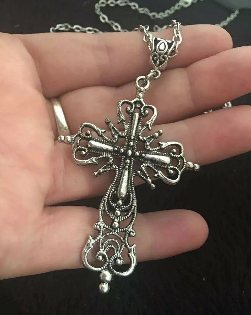 Large Victorian Cross Necklace Long 19” Chain God Silver Religious Gothic Jesus