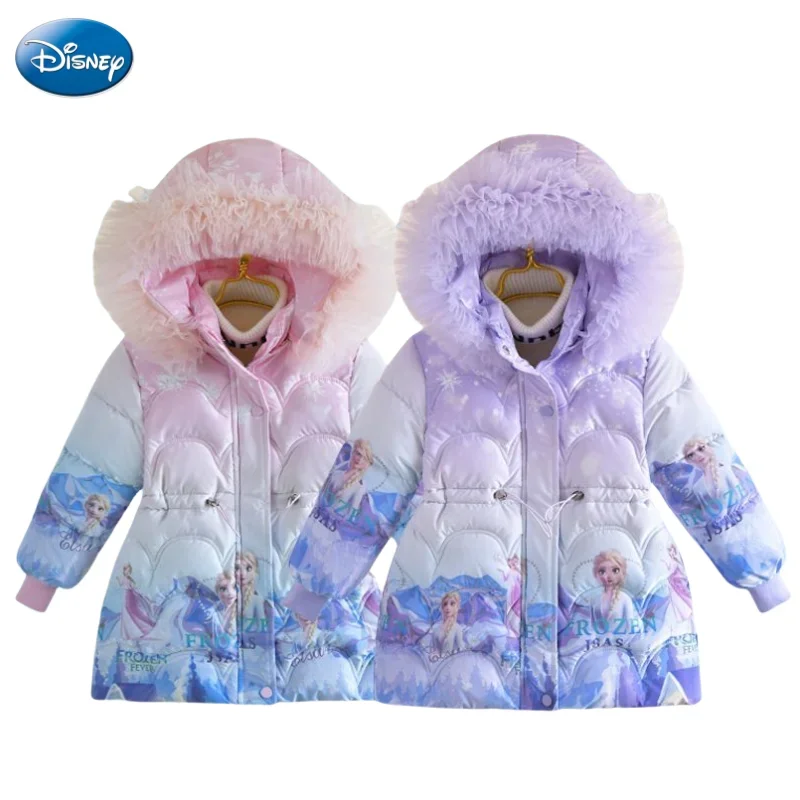 Disney Princess Elsa Cartoon Cute Girl Medium Long Cotton Jacket Kawaii Velvet Thickened Disposable Cotton Jacket Gift Wholesale