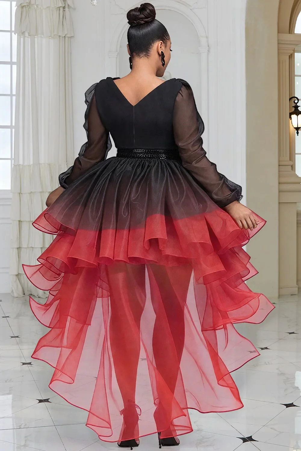 بالإضافة إلى حجم حزب أسود التدرج الخامس الرقبة طويلة الأكمام عالية منخفضة تنحنح أنيقة كشكش تول فساتين صغيرة