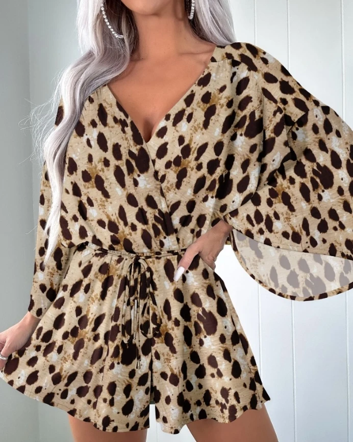 Leopard Print V Neck Bell Sleeve Rompers Strechy Waist Lace Up Jumpsuits