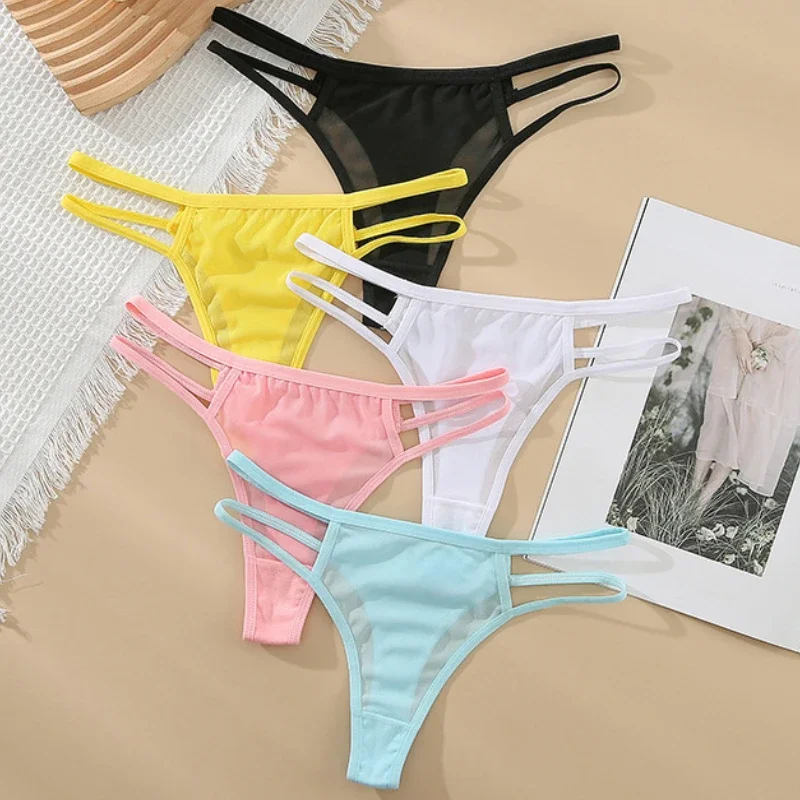 Women thongs bright solid color sexy underwear classic fashion low waisted breathable cool transparent slim fit lingerie