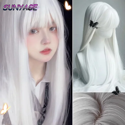 SUNYAGE pelucas sintéticas largas y rectas blancas para mujer, pelo falso colorido para fiesta de Cosplay con flequillo, peluca blanca de alta temperatura