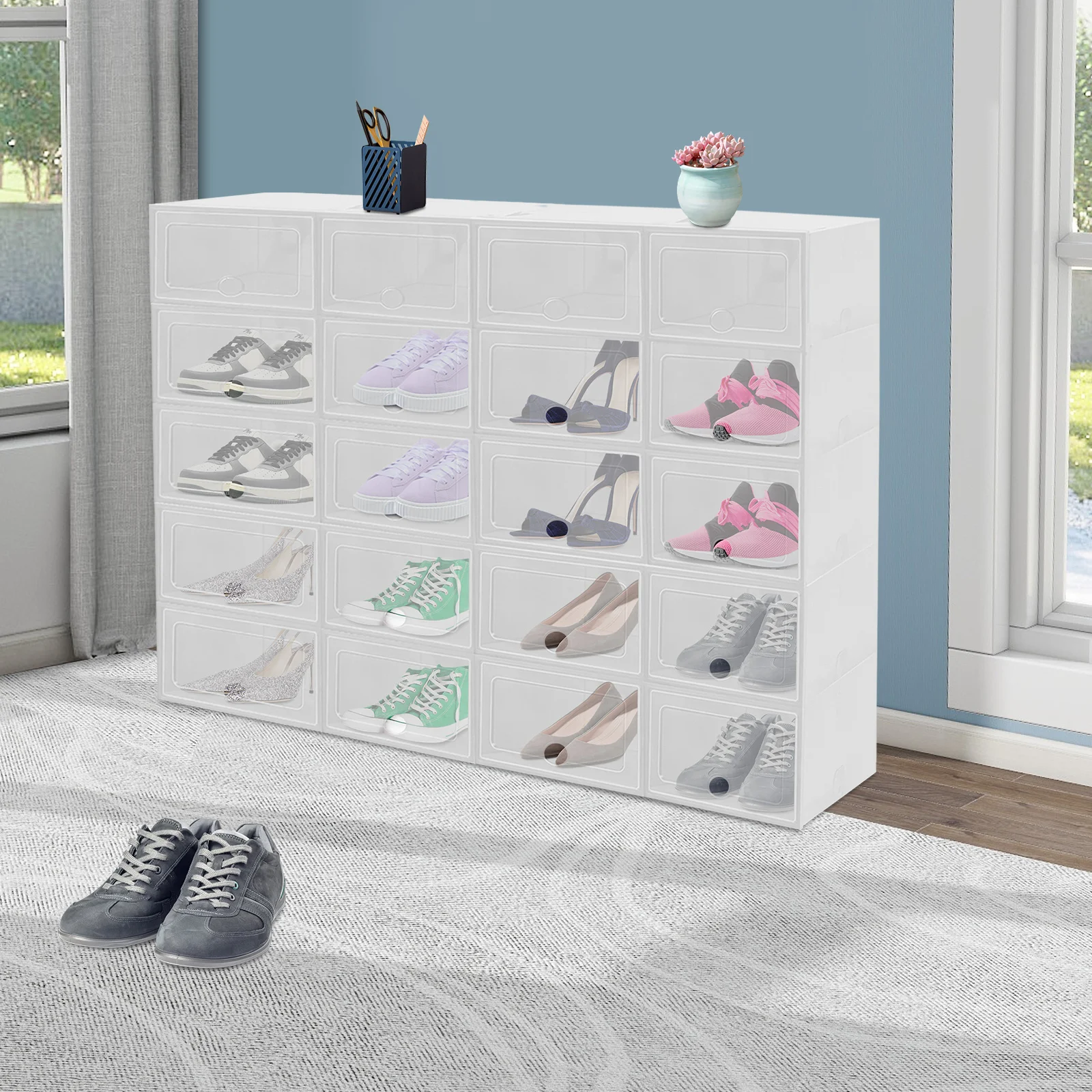 

20 Pack Shoe Storage Boxes, Large Clear Plastic Stackable Shoe Organizer for Closet, Connect Left and Right Shoe Boxes Case