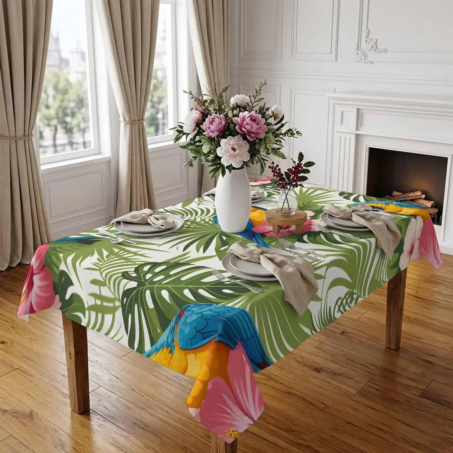 1Pc Tropical Parrot And Monstera Leaf Print Tablecloth Green Multicolor Floral Bird Pattern Table Cover For Dining Room Kitchen