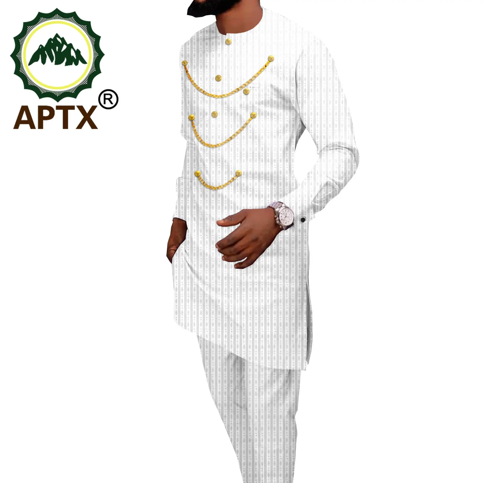 APTX African Attire 2 Pieces Suit for Men Jacquard Material Single Breasted Top+Full Length Pants Casual Set A2116028