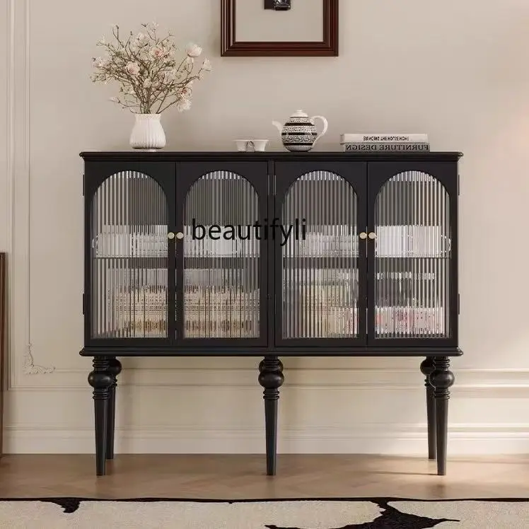 

French solid wood living room dining side cabinet retro display cabinet glass door floor storage cabinet