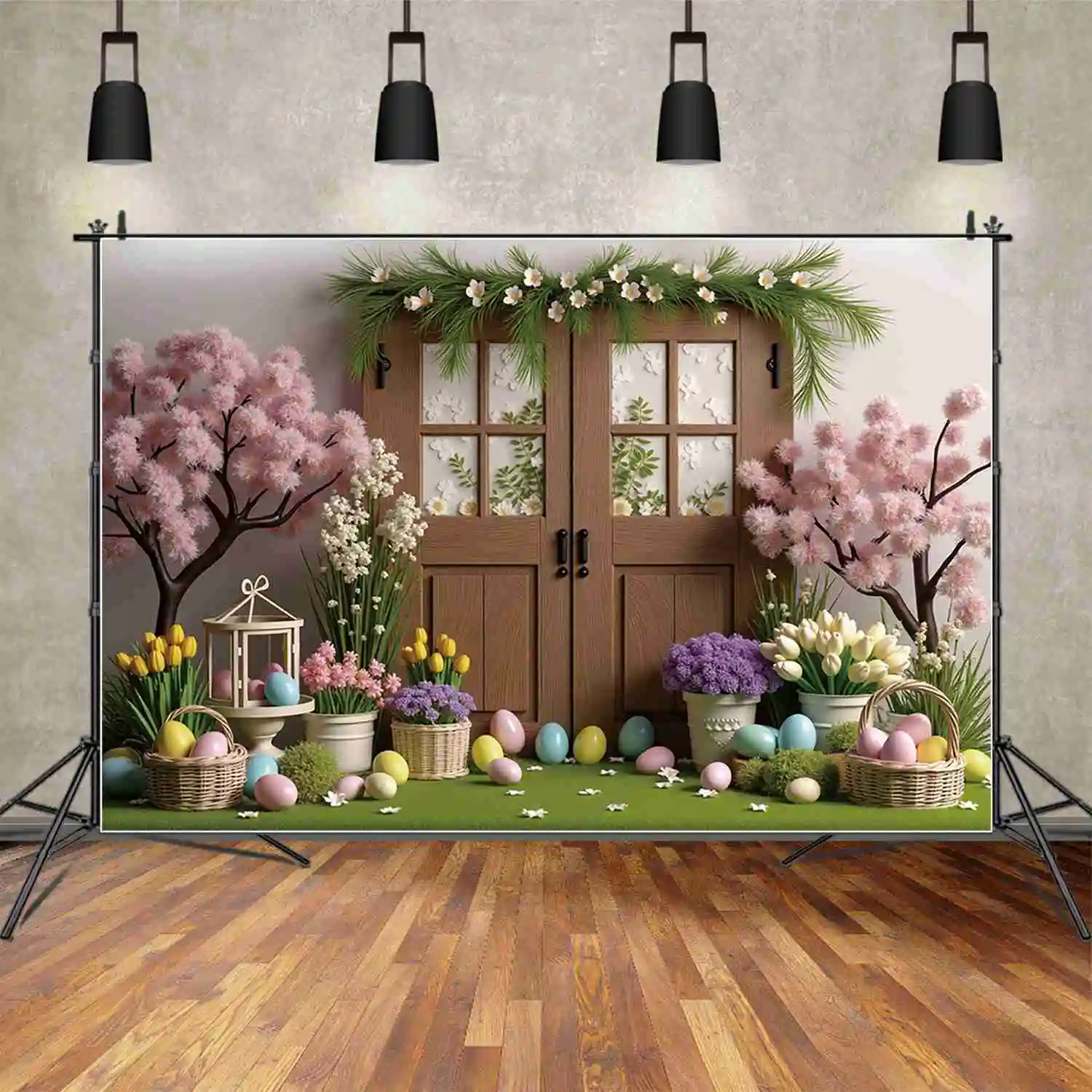 MOON.QG Spring Easter Eggs Background Photography Wooden Door Flowers Garden Photozone Backdrop Children Studio Photocall Props