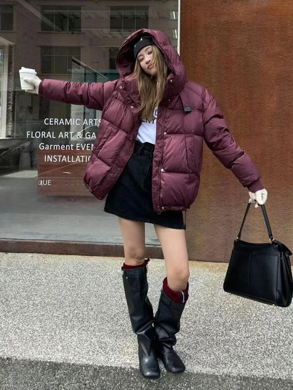 

Korean Style Women's Winter Thickened Warm Hat Cotton Jacket Purple Hooded Anti-Cold Bread Style Coat Outerwear Polyester Fabric