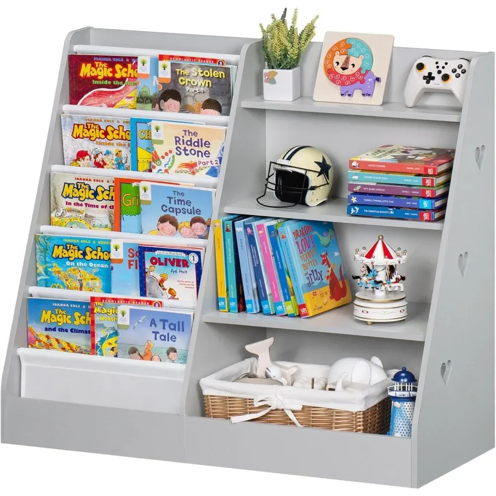 

4 Tier Kids Bookshelf and Storage Organizer, Five Layer Sling Children Bookcase, Baby Toddler Wooden Book Shelf, Display