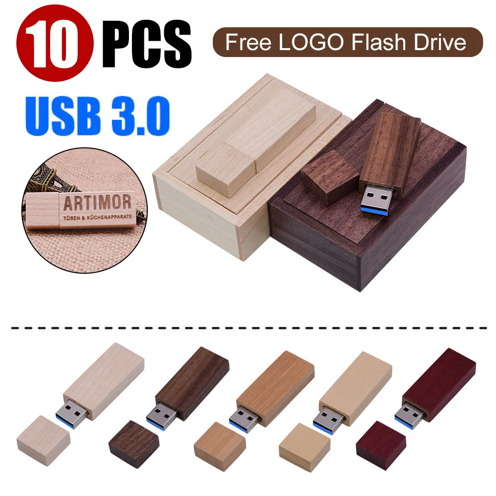 10pcs USB 3.0 Photography Customer LOGO Wooden Usb + Gift Box Flash Drive Wood Pendrive 8GB 16GB 32GB 64GB 128GB Wedding Gifts