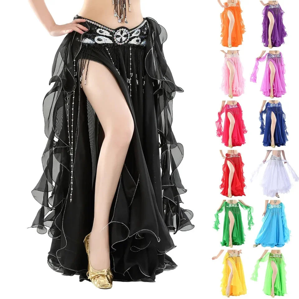 Solid Irregular Hem Belly Dance Skirts Women Sexy Pendant Dancing Long Skirts Pleated Dance Skirt Party Club Wear