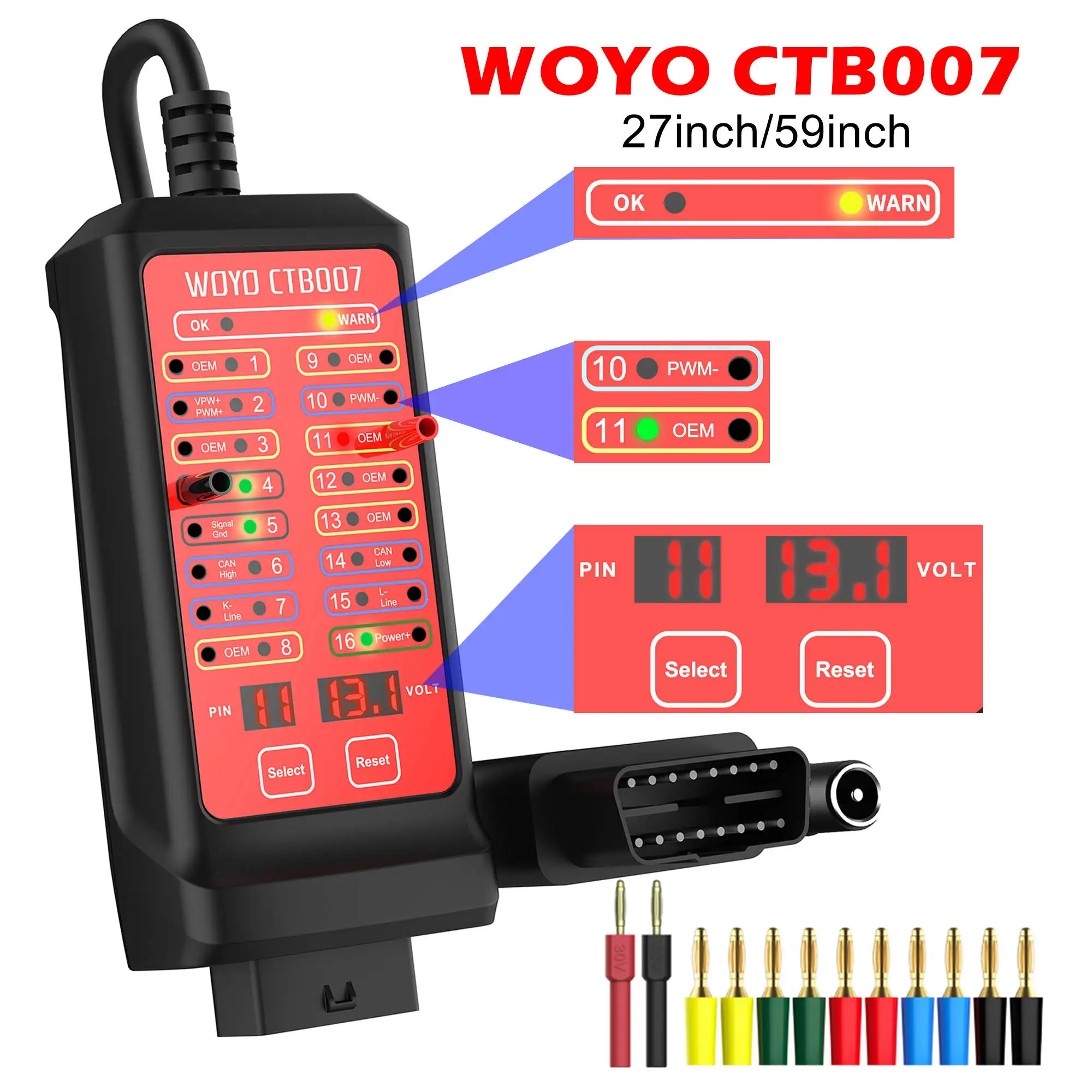WOYO CTB007 skrzynka testowa CAN 12V 24V skrzynka zaciskowa OBD2 z kablem 27/59 cali dla wszystkich samochodów narzędzie diagnostyczne samochodowe