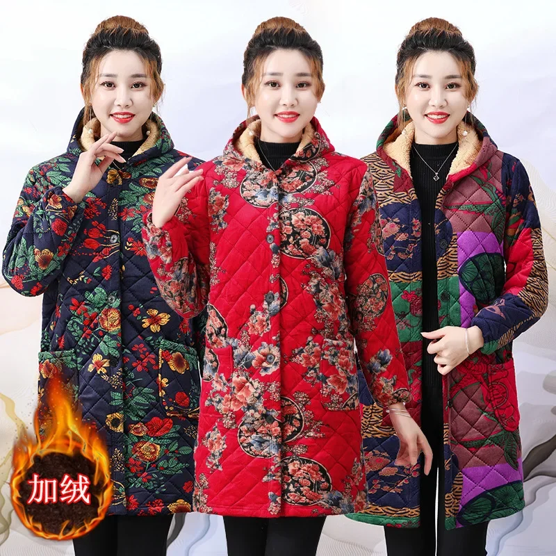 Winter Coat with Fleece Hooded Jacket, New Style for Middle-aged and Elderly Women, Thick Cotton Coat for Autumn and Winter