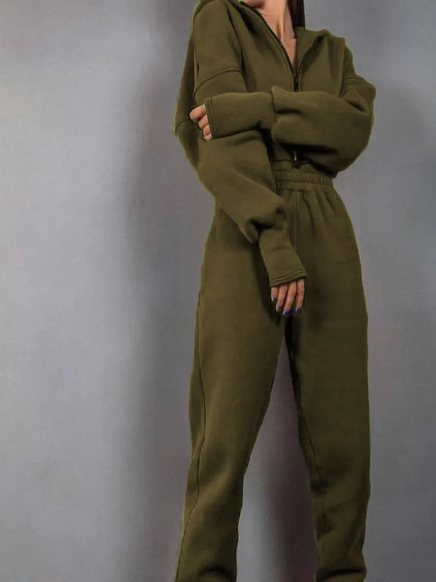 

Спортивный комбинезон однотонный повседневный на молнии с капюшоном, с завышенной талией, цельный, с длинными брюками, полиэстер