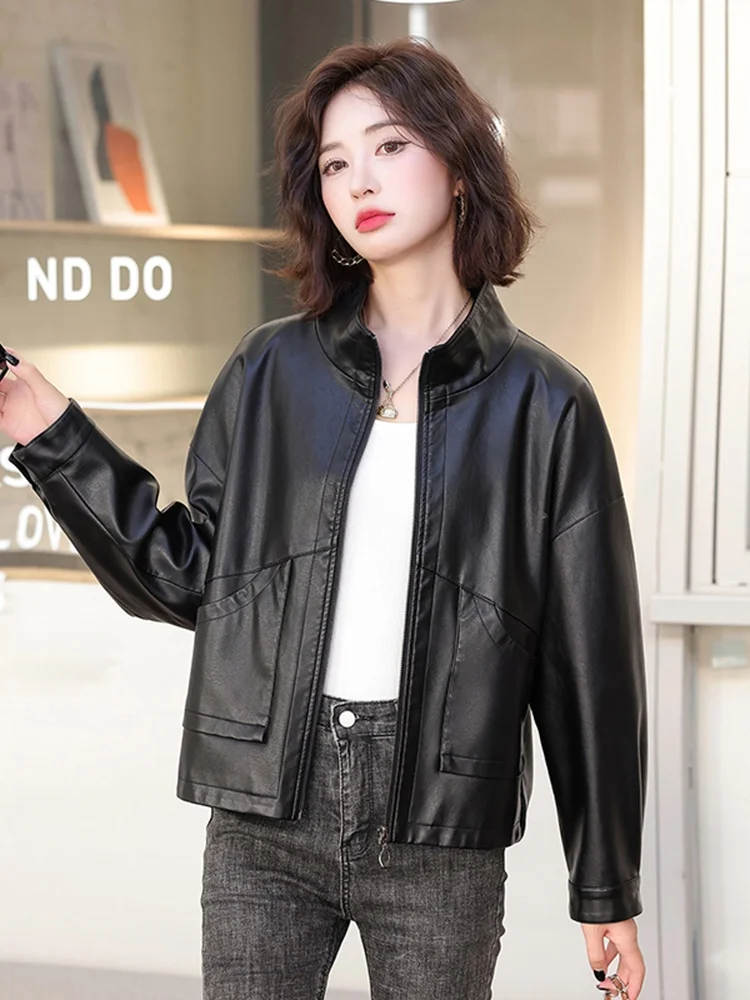 Real Leather Jaet Women's ort Loose Fit Bla eepskin Coat Korean Sle Commute Wind ket Design Long Sve Zipper