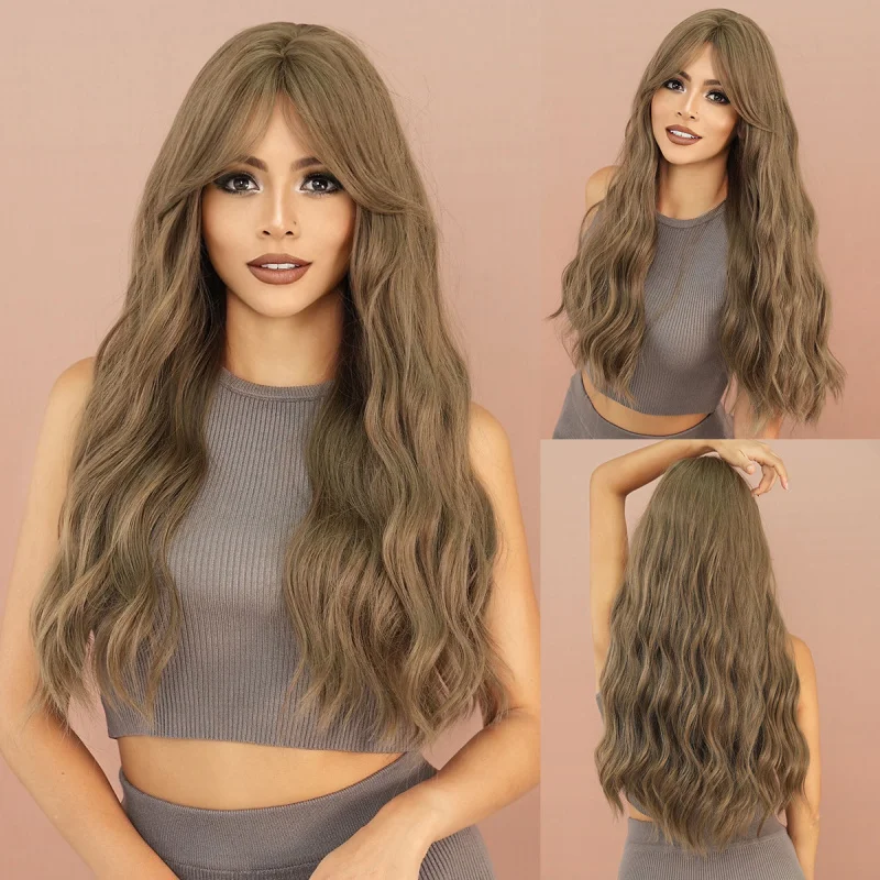 

Korean and Japanese style women's long curly hair in misty tea light brown with wavy bangs, synthetic fiber wig
