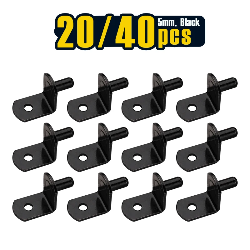 20/ 40 pcs, Shelf Support Pegs, 5mm Metal Nickel L-Shaped Support Pegs with Hole, Cabinet Support Pins for Furniture, Black