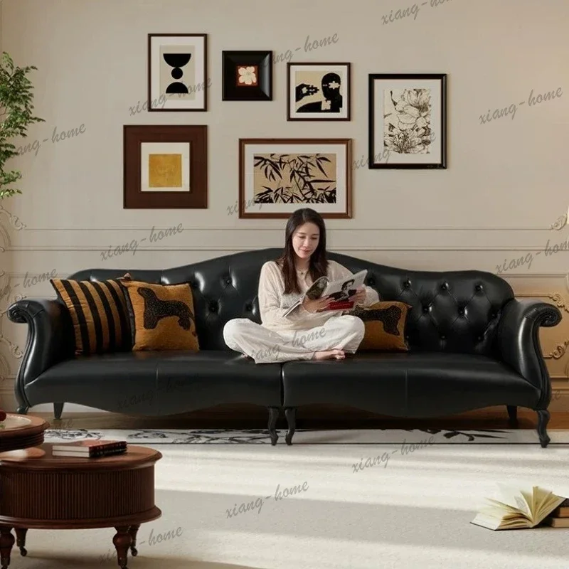 LSHome Luxury modern sofa leather solid wood sofa retro straight living room sofas and seating 235cm 266cm 286cm couch furniture