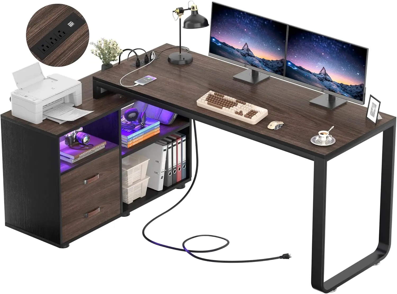 

Homieasy L Shaped Desk with File Cabinet & Power Outlet, Reversible 55 Inch Large Corner Computer Desks with LED Strip, L-Shaped