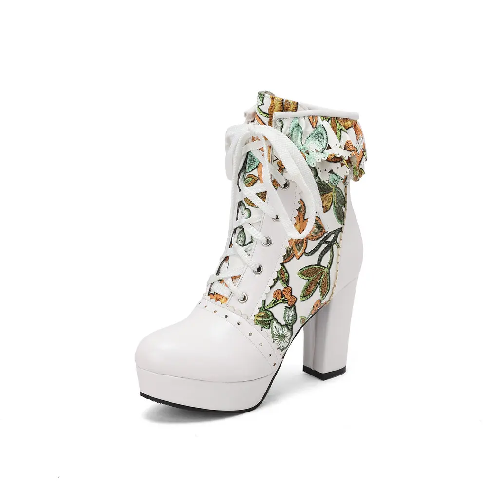 Kawaii Cosplay Lolita Flora Print Patchwork Schnür-Brogues für Damen, modische Plateauschuhe – süße Ankle Booties in Übergröße