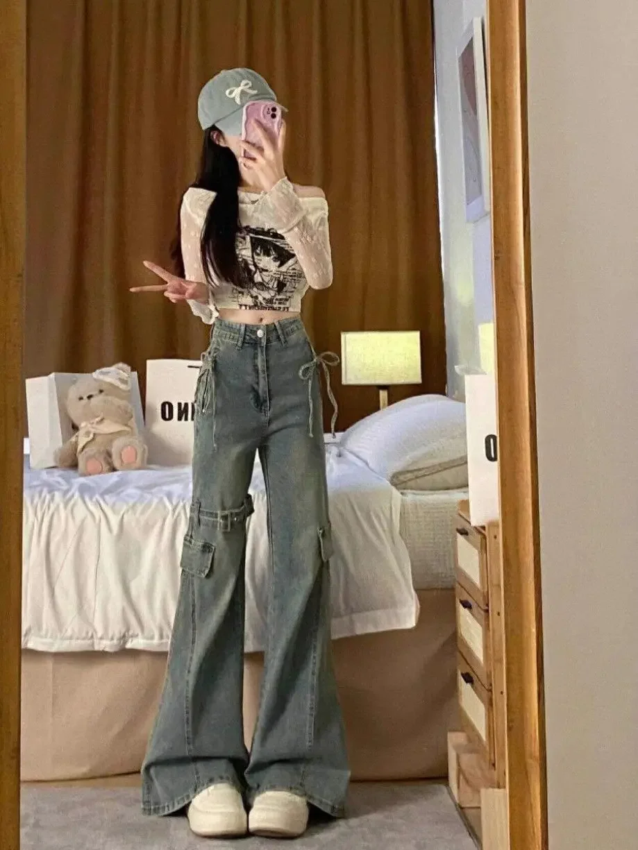 Vintage Belt Splicing Micro Flared Jeans  Aesthetic Y2k Women New Spicy Girl with High Waist Baggy Slim Fit Cargo Pants