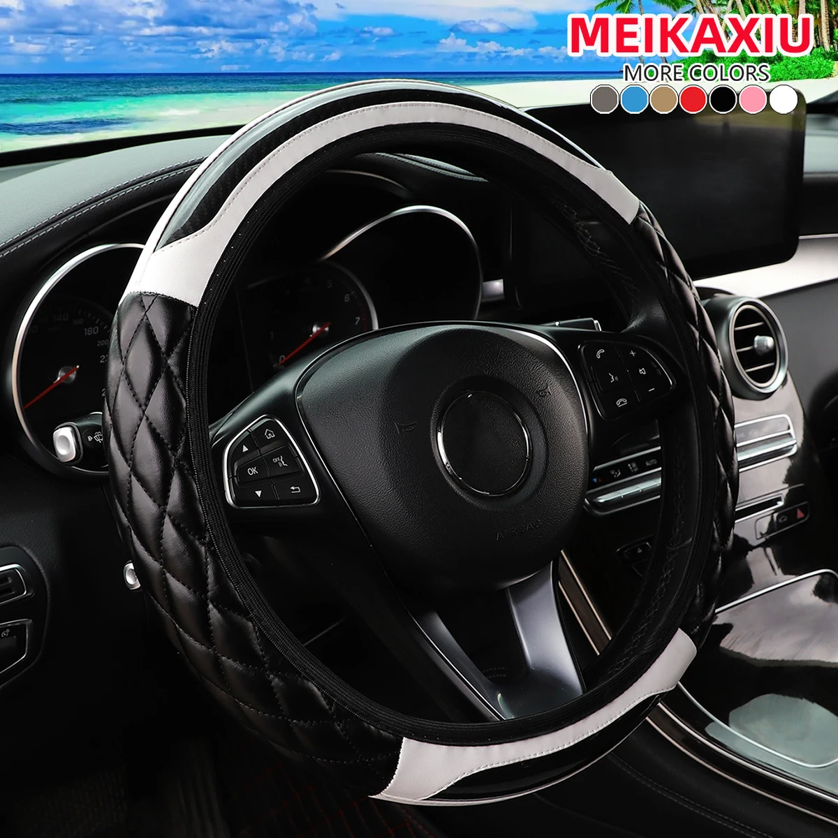 1 crystal carbon fiber embroidered leather automotive steering wheel cover without inner rim for 14.5-15 inchcar accessories