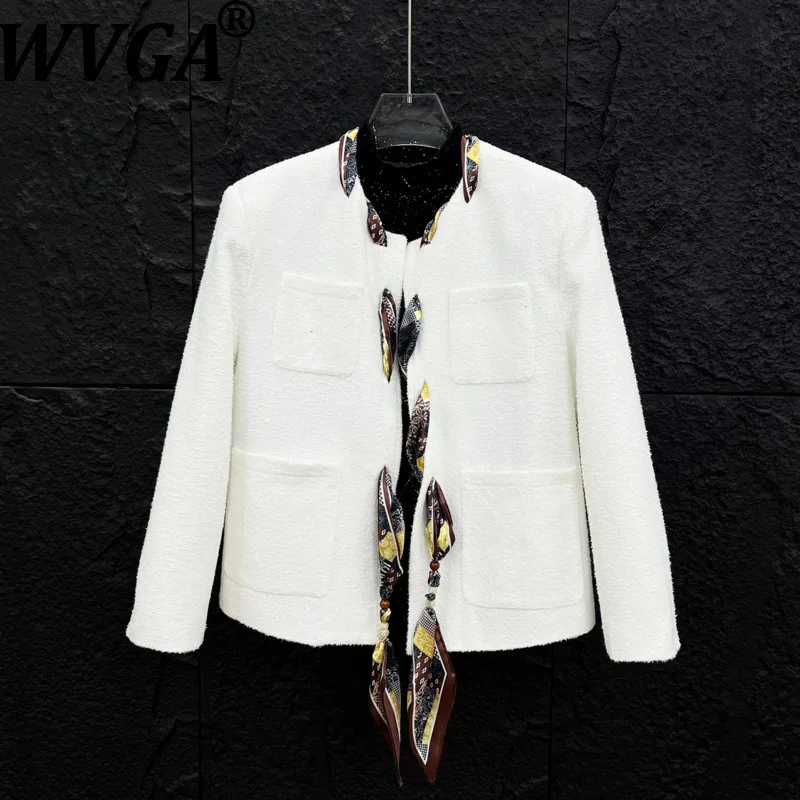

WVGA Autumn Winter New Man Tide Silk Scarf Decorated Korean Style Trendy Short Jackets Niche Chic Casual O-Neck Coats Ins W13209