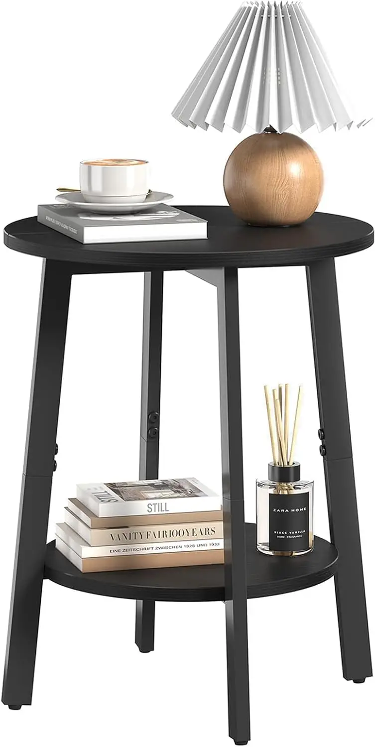 

Side Table, Small Round End Table with Storage Shelf for Small Space, 2-Tier Black Bedside Table Sofa Couch Table, Round Acce