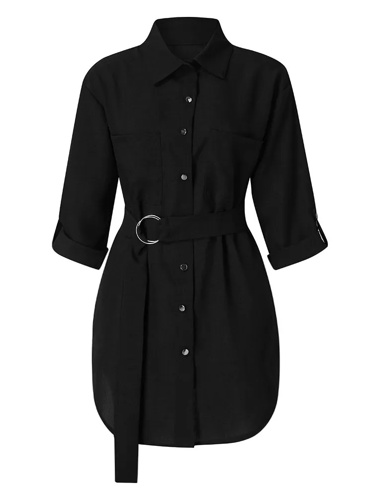 

Laceup Sved irt Dr Fem Street Sle Loose Fit Long Sve Turn up Cuffs Waist Cinch Collar Stand up Midi Dr