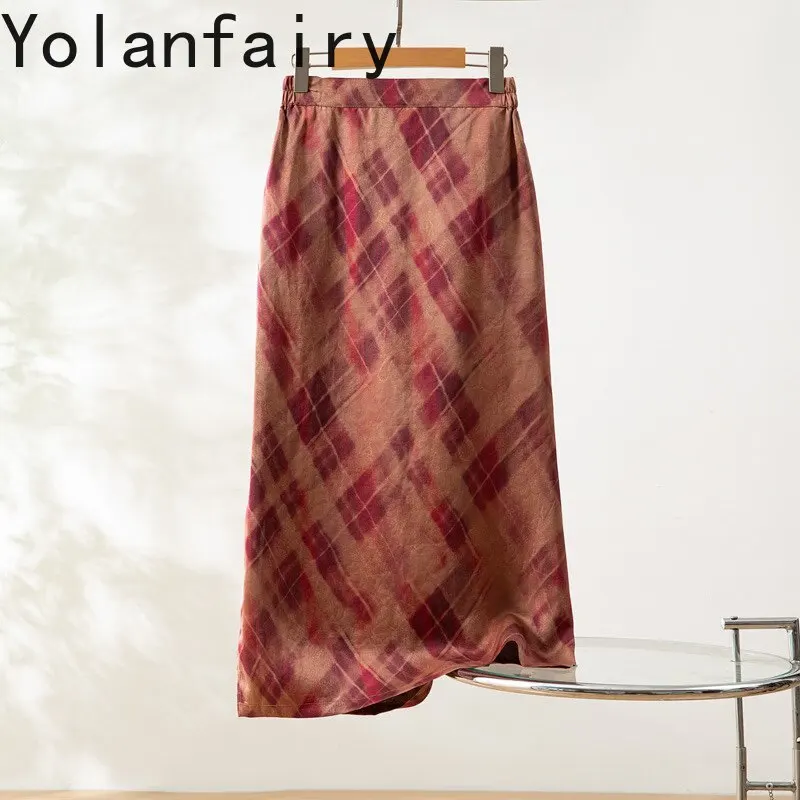 

YOLANFAIRY 100% натуральные шелковые юбки из тутового шелкопряда для женщин, летние, высококачественные, из шелка сянъюньша, длинные, с разрезом, модные, в клетку
