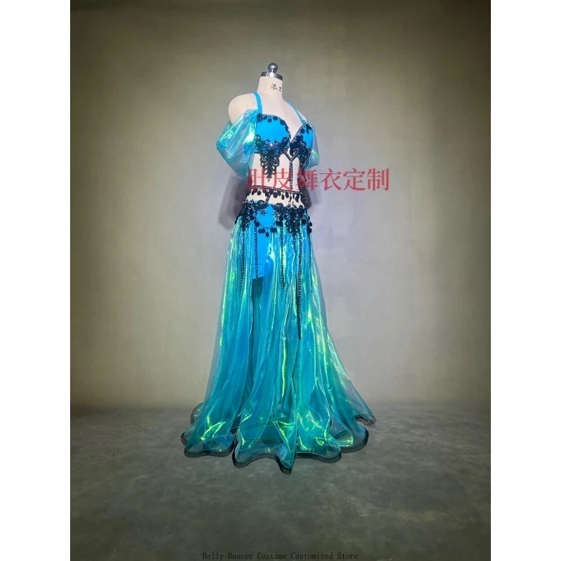 Trajes de dança do ventre personalizados vestido de desempenho oceano fantasia azul conjunto equipe desempenho jogo vestido sutiã cinto saia longa terno