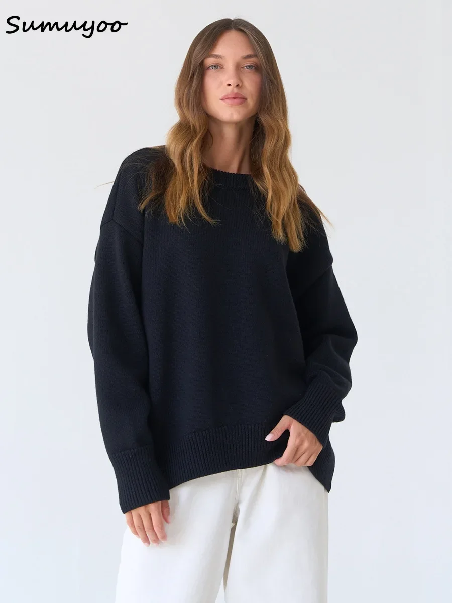 Sumuyoo Women O Neck Sweaters Autumn Winter Thick Warm Pullover Tops Oversized Casual Loose Knitted Jumper Female Pull