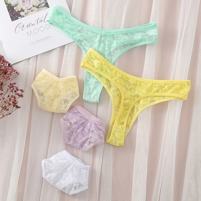 

3PCS Women Underwear Sexy G-string Solid Panties Breathable Briefs Lace Thong Low Waist Underpants Large Size Intimates Lingerie