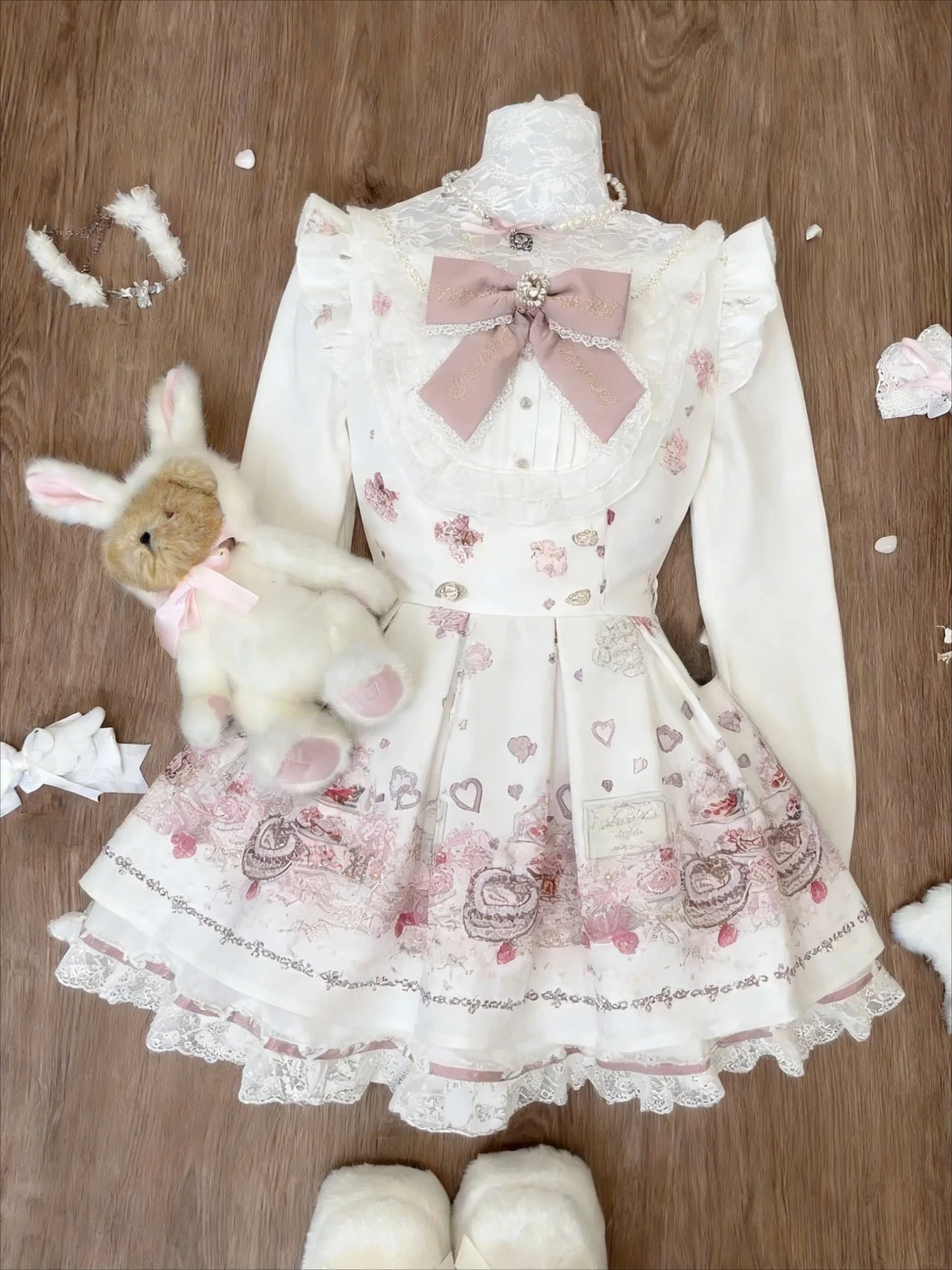 

2026 New Kawaii Two-Piece Sets Long Sleeve Top + Short Skirt Y2K Japanese Women Casual Sweet Cute Print Bow Patchwork Arrival