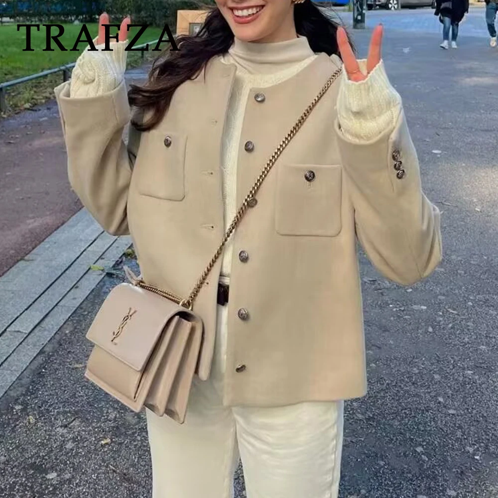 TRAFZA Fashion 2024 Winter Solid Champagne Streetwear Casual Jacket Pocket Chic Single Breasted All Match Elegant Gentle Outwear