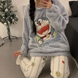 Kawaii Doraemon Autumn and Winter Warm Coral Velvet Pajamas Cute Cartoon Thickened Velvet Home Clothes Set Holiday Gifts