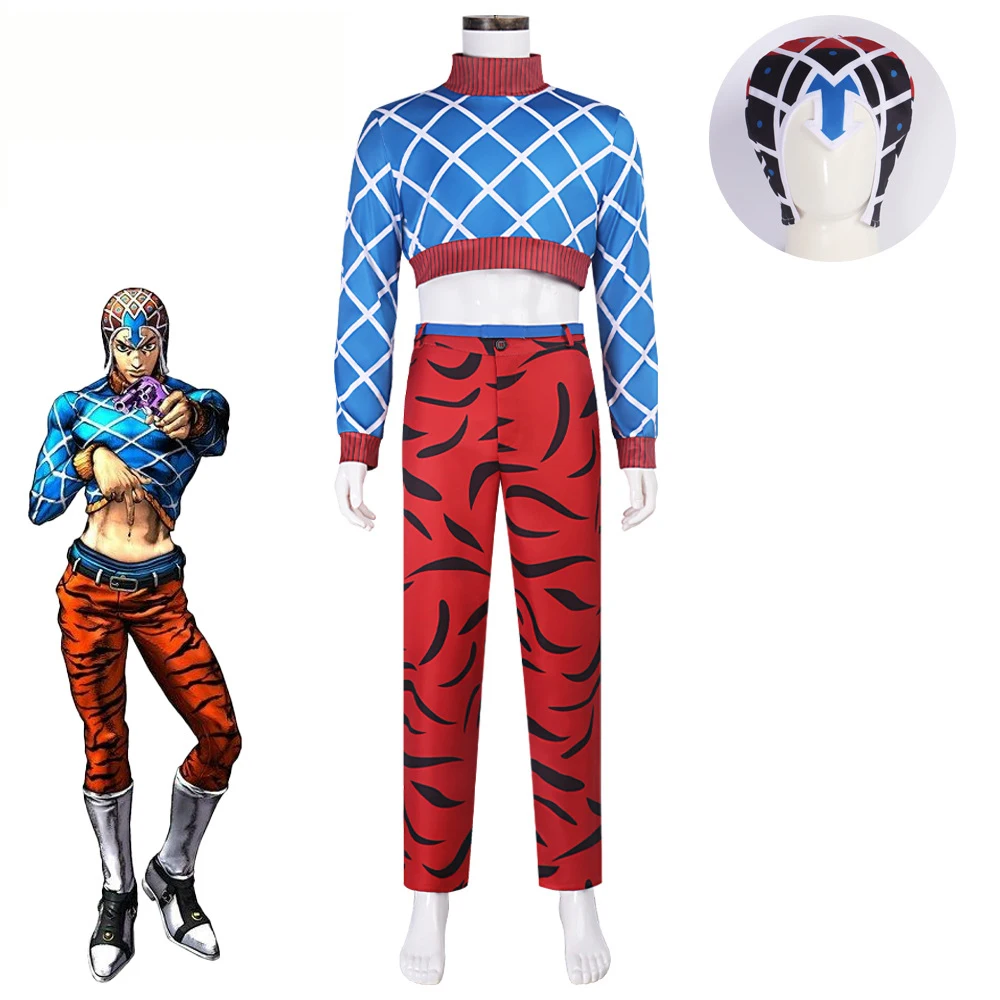 Fantasia de Cosplay Anime Guido Mista Jojo, Top Azul e Calças Vermelhas, Fantasia de Halloween e Carnaval, Roupas Personalizadas Guido Mista