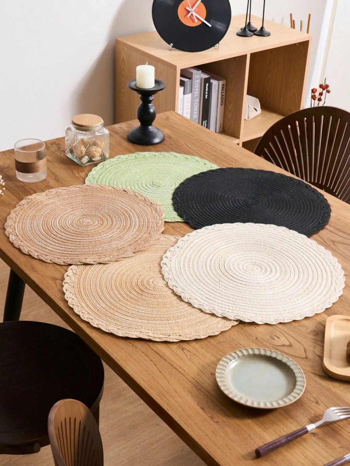 1/4/6/12pcs Bohemian Woven Round Placemats, Solid Color With Braided Edge, Non-Slip Tabletop Mats(Multiple Color Options)