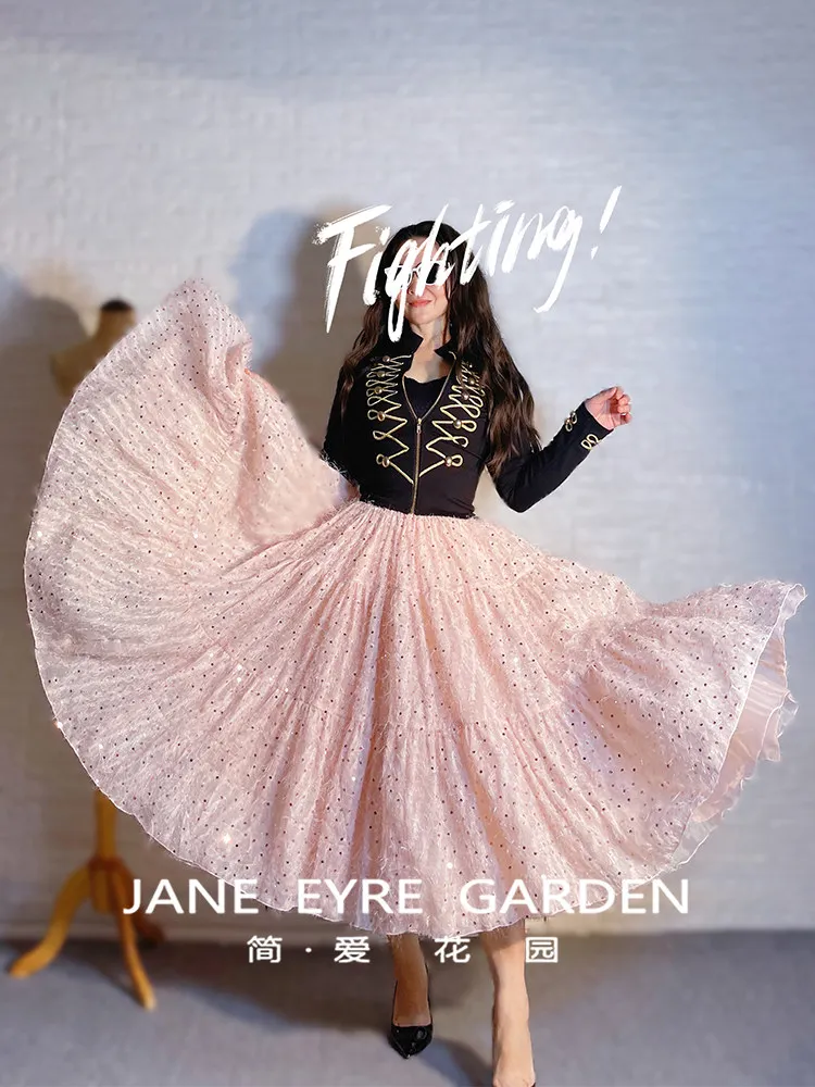 TIYIHAILEY-여성용 롱 미드-칼프 메쉬 스커트 엘라스틱 웨이스트 삼중 레이어 스커트 볼 가운 핑크 여성용 스팽글 태슬 XS-XL 2026