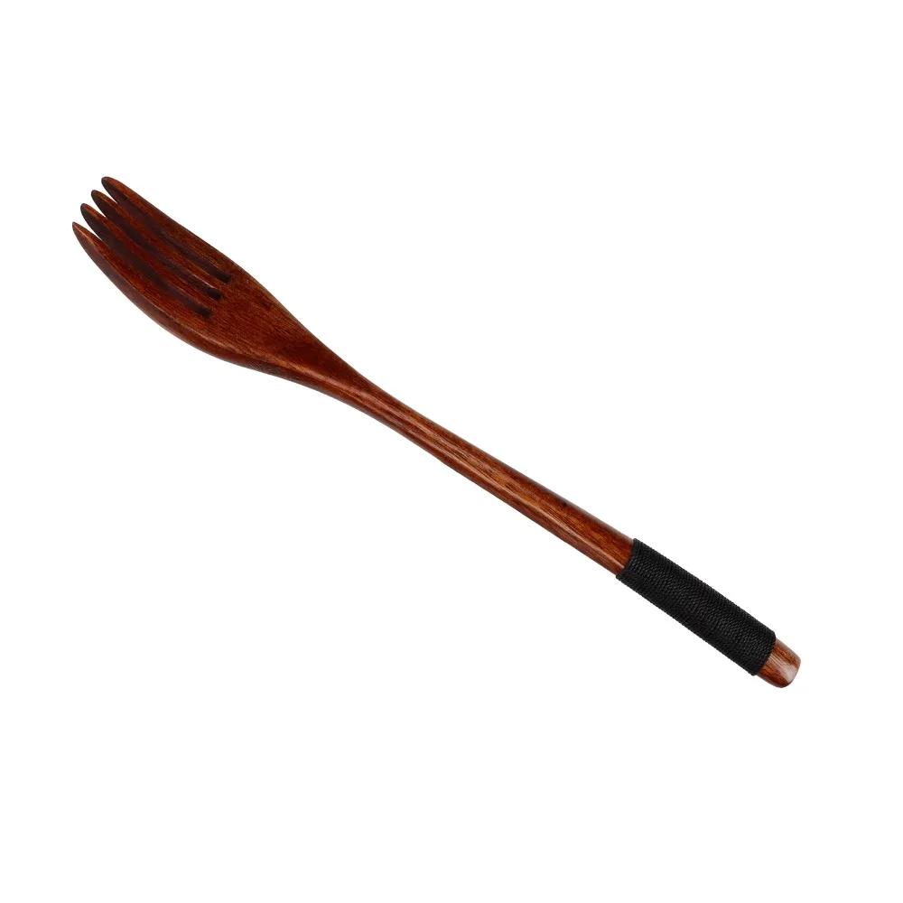 2Pcs Wood Fruit Fork Smooth Polished Solid Cooking Fork Black Line Handle Practical Serving Fork Dish Usage
