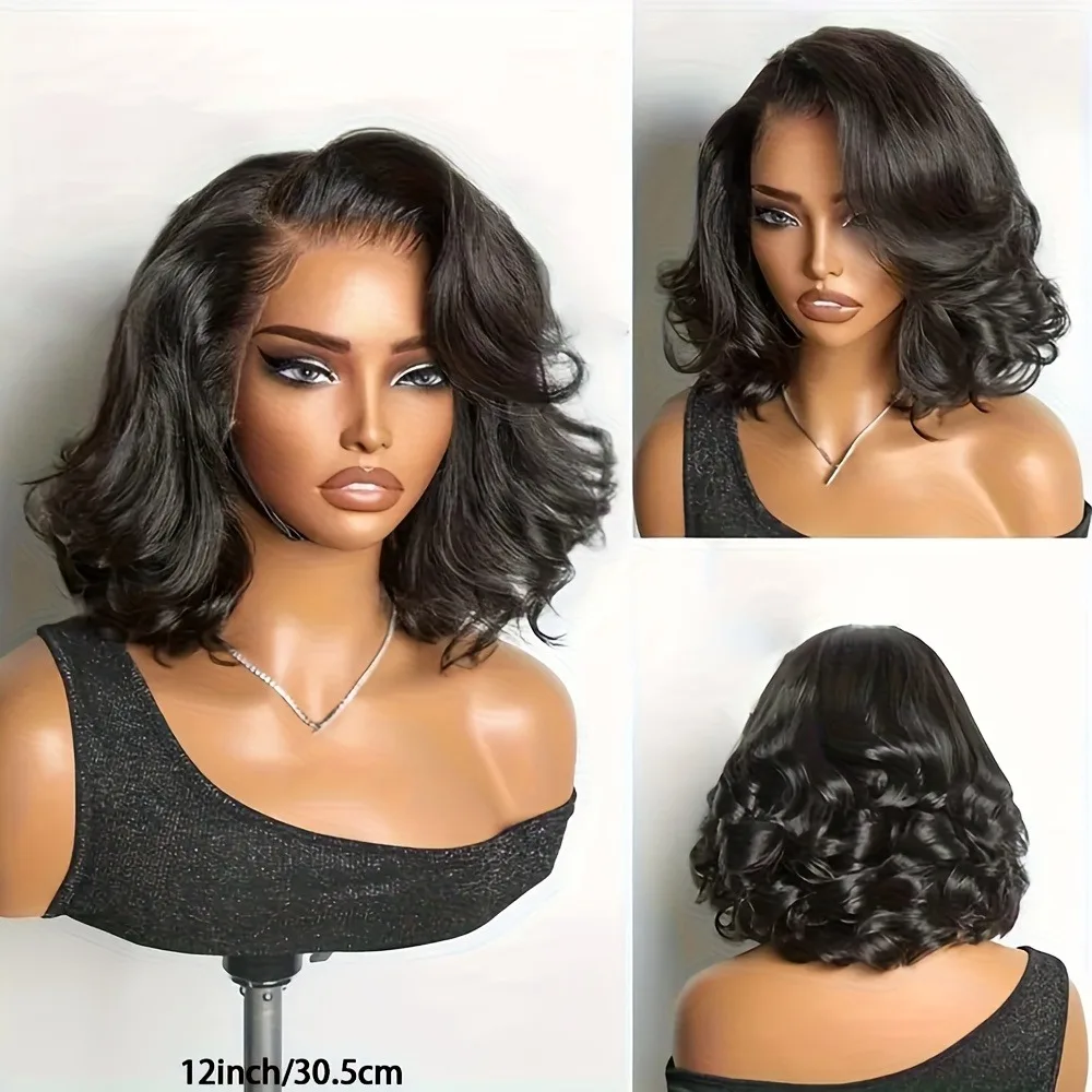 شعر مستعار ناعم قصير مموج مع دانتيل أمامي - دانتيل عالي الدقة 13 × 4، نسيج مموج طبيعي مناسب لخط الشعر، خفيف الوزن ومريح