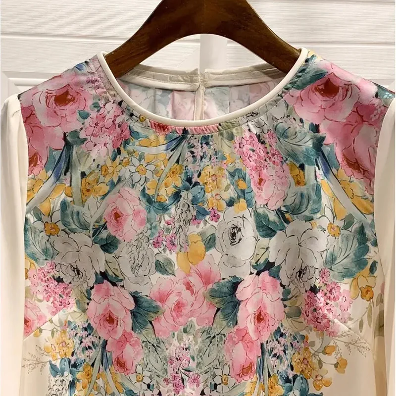 Beige Floral Print O-Neck Casual Long Sleeve Chiffon Pullover Women\'s Blouse Shirt Korean Fashion Female Clothing Tops Spring