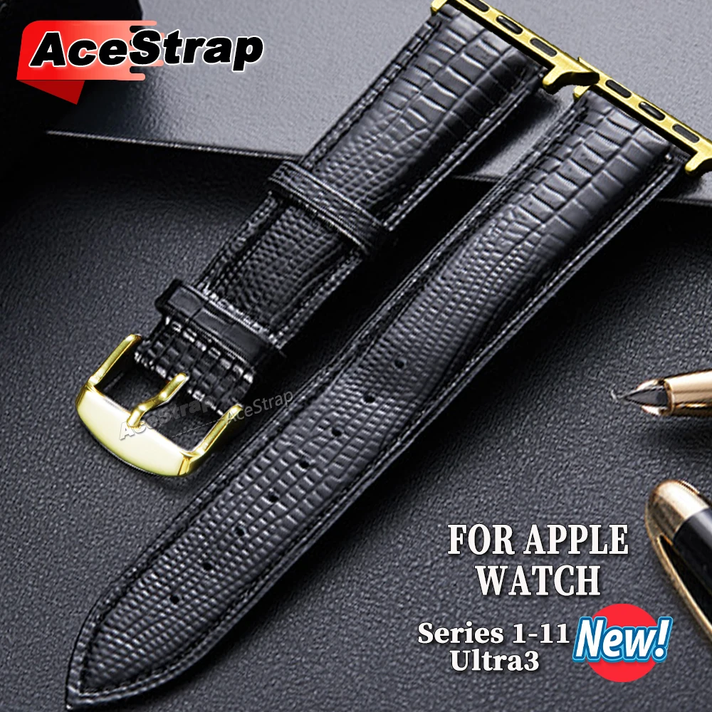 Fashion Lizard Texture Leather Strap for Apple Watch Band Series 11 10 46mm Gold Buckle Belt for Iwatch Ultra3 49mm 45mm 44/41mm