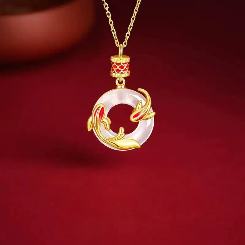 

Креативное ожерелье с пряжкой Koi Peace для женщин, высококачественное нефритовое ожерелье Marrow на ключицу, модное универсальное ожерелье с двойной рыбой