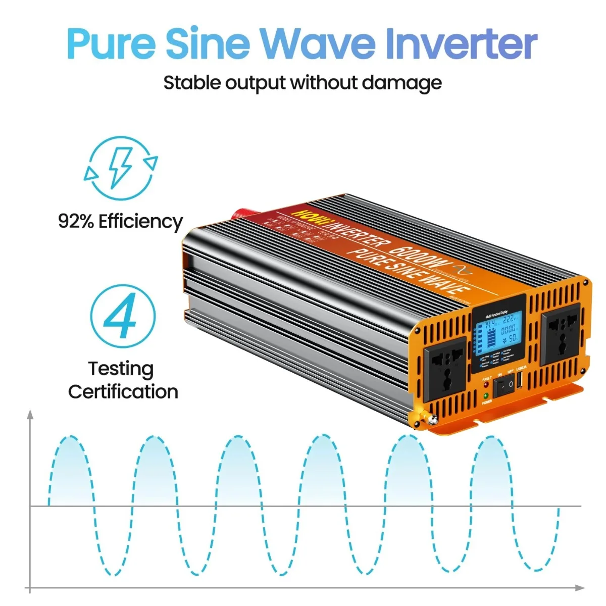 HOULI 5000W Pure Sine Wave Power Inverter, 12V/24V DC to 220V AC  with LCD Display, Dual AC Outlets, USB Port, Car Inverter