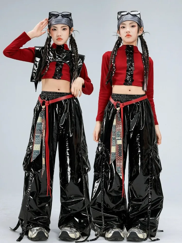 

Girls Jazz Dance Outfit Belly Bearing Sequin Leather Pants Set Performance Clothes Bright Color Children's Faion ow Costume